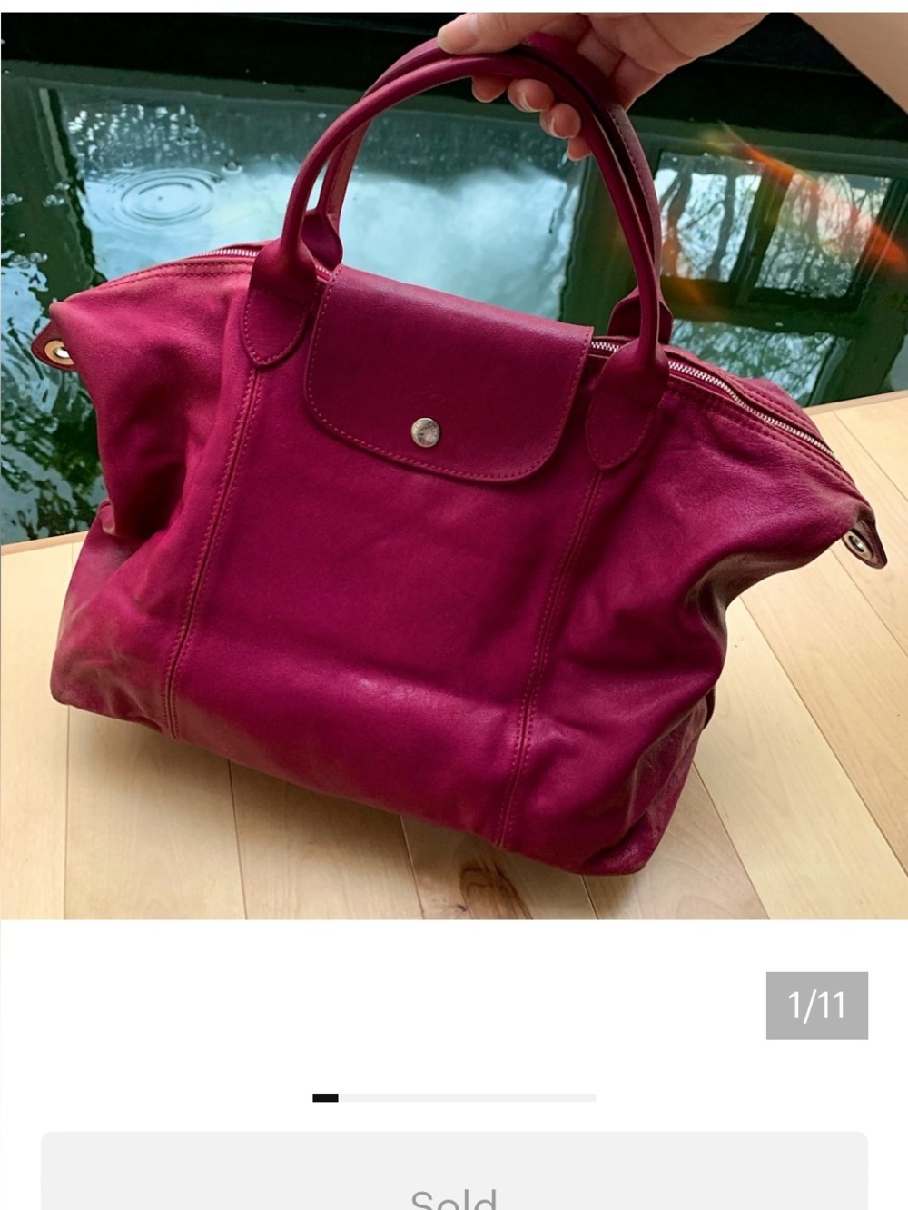 Longchamp Le Pliage Cuir Magenta medium leather bag made in France